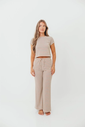 Chilly Layering Find Your Soft Striped Flare Top and Pants Set in Cream Mocha