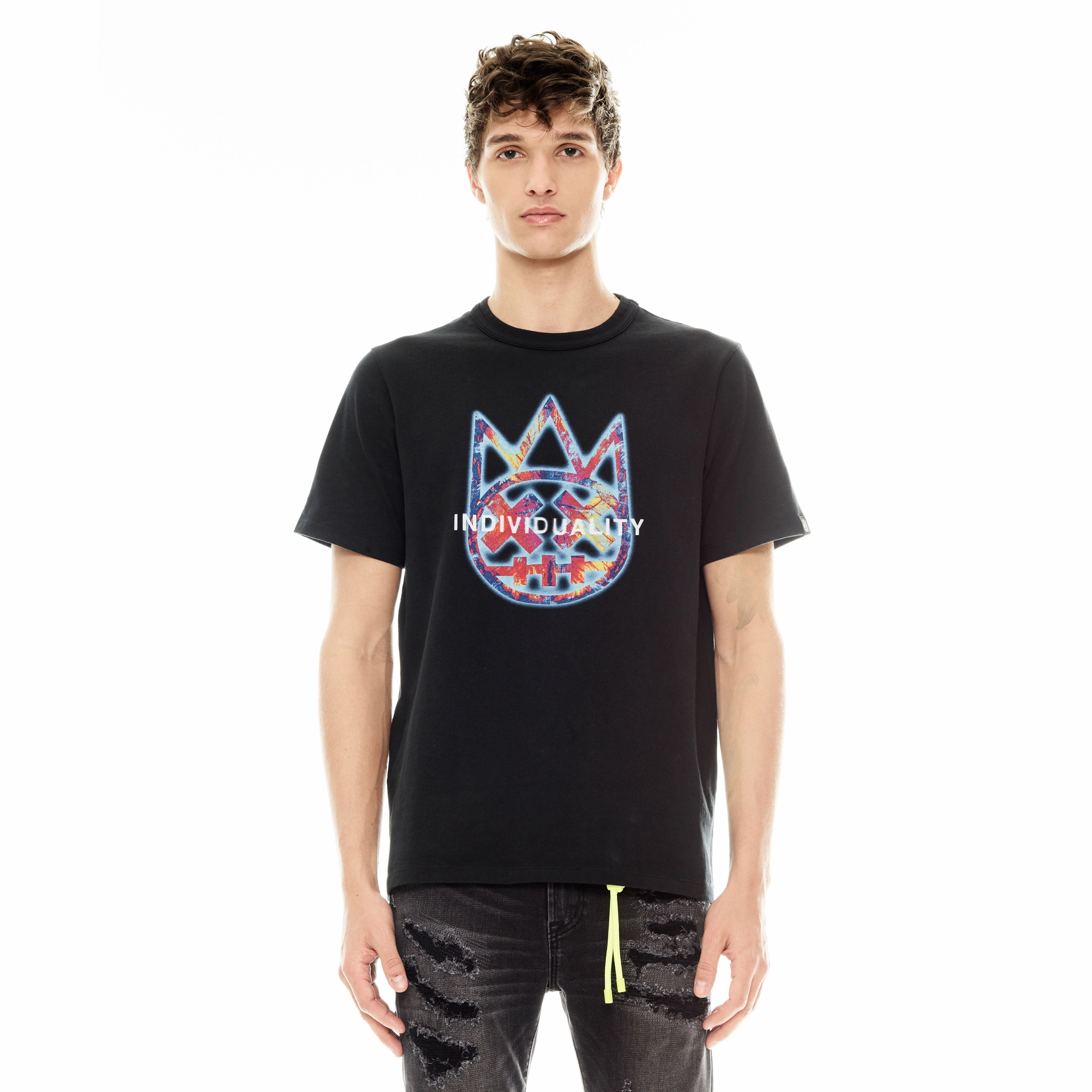 Smooth Neckline Bold Design Cult's Short Sleeve Crew Neck Tee "Tye Dye Shimuchan Logo" in Pirate Black