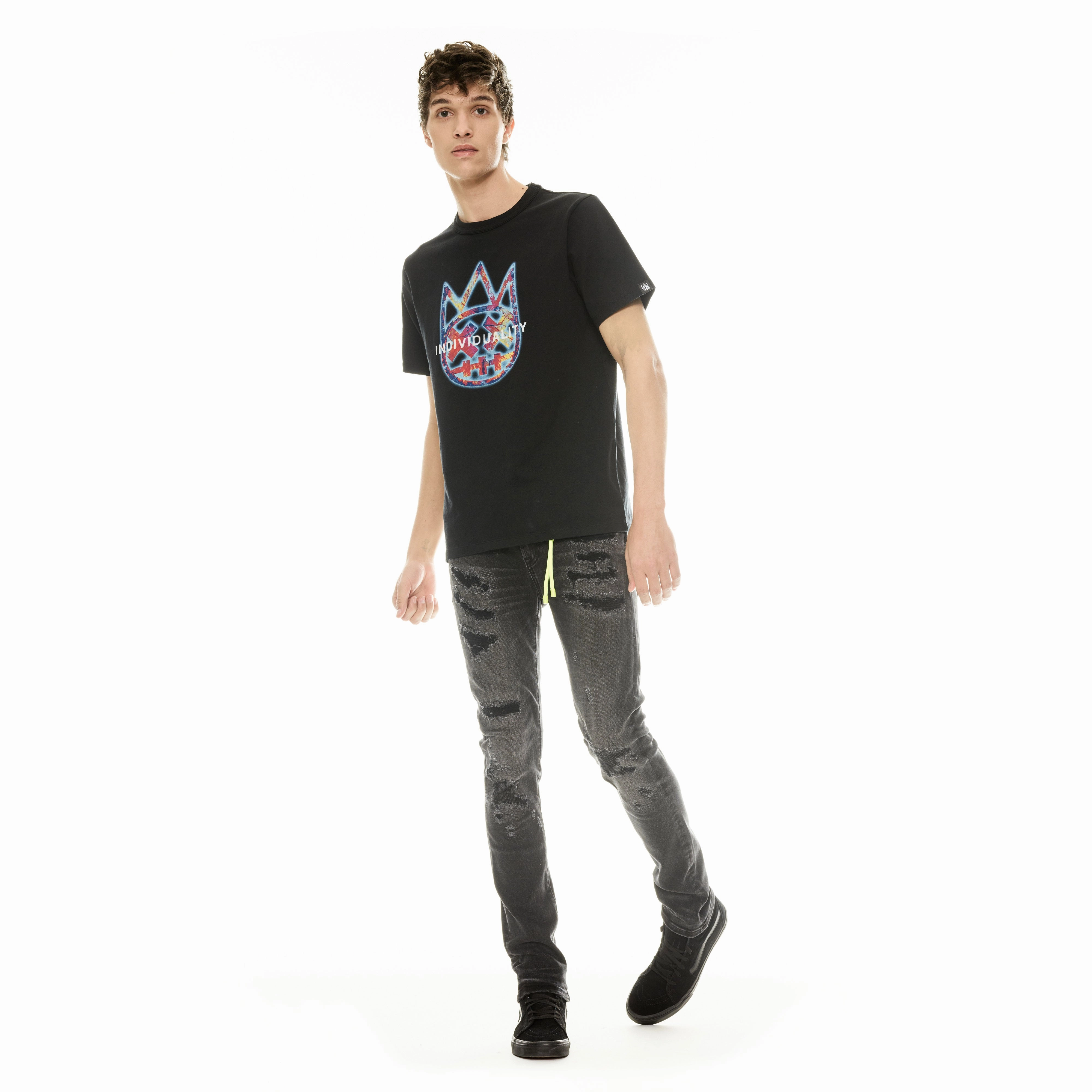 Relaxed and Comfy Cult's Short Sleeve Crew Neck Tee "Tye Dye Shimuchan Logo" in Pirate Black