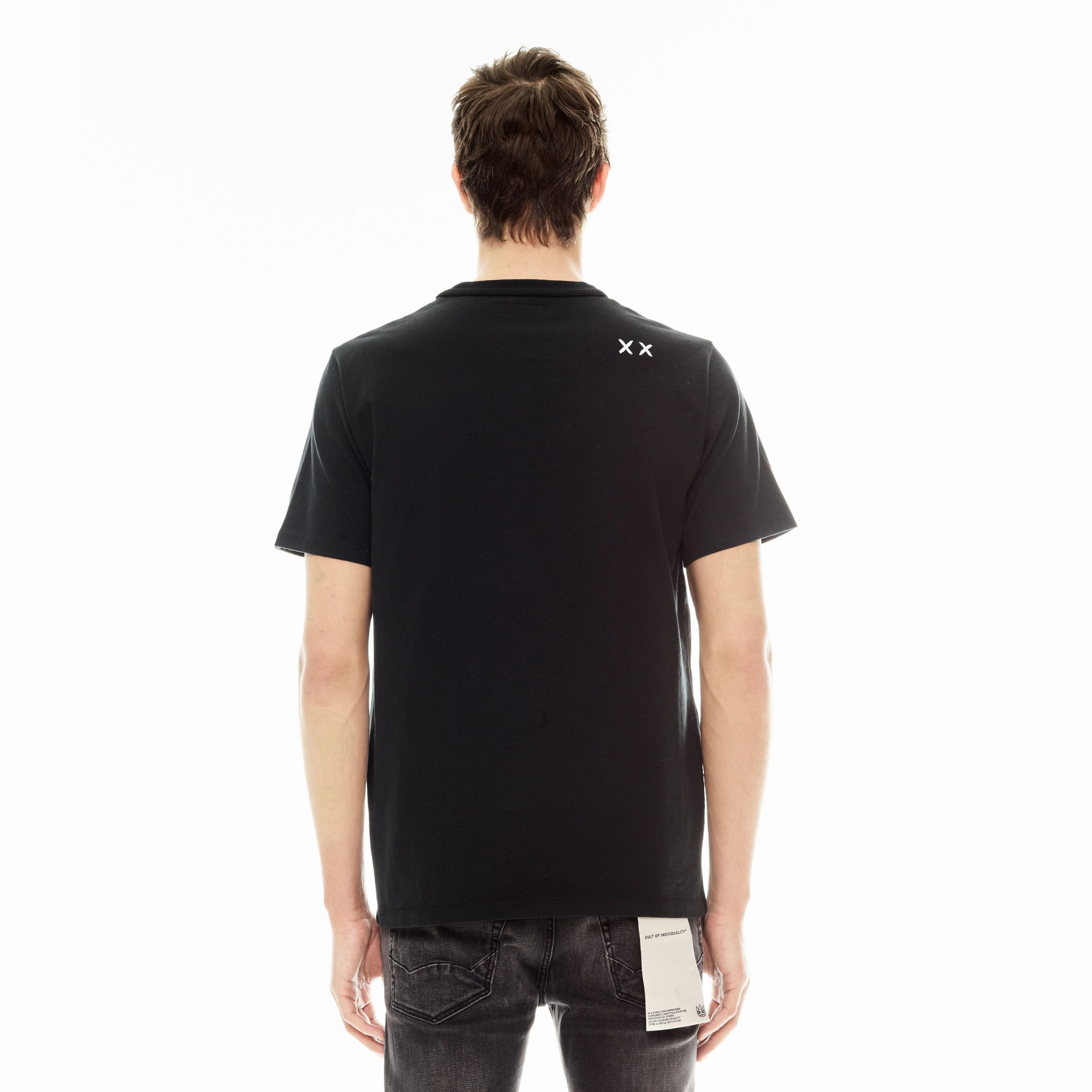 Layering Fashion Ethically Sourced Cotton Cult's Short Sleeve Crew Neck Tee "Tye Dye Shimuchan Logo" in Pirate Black