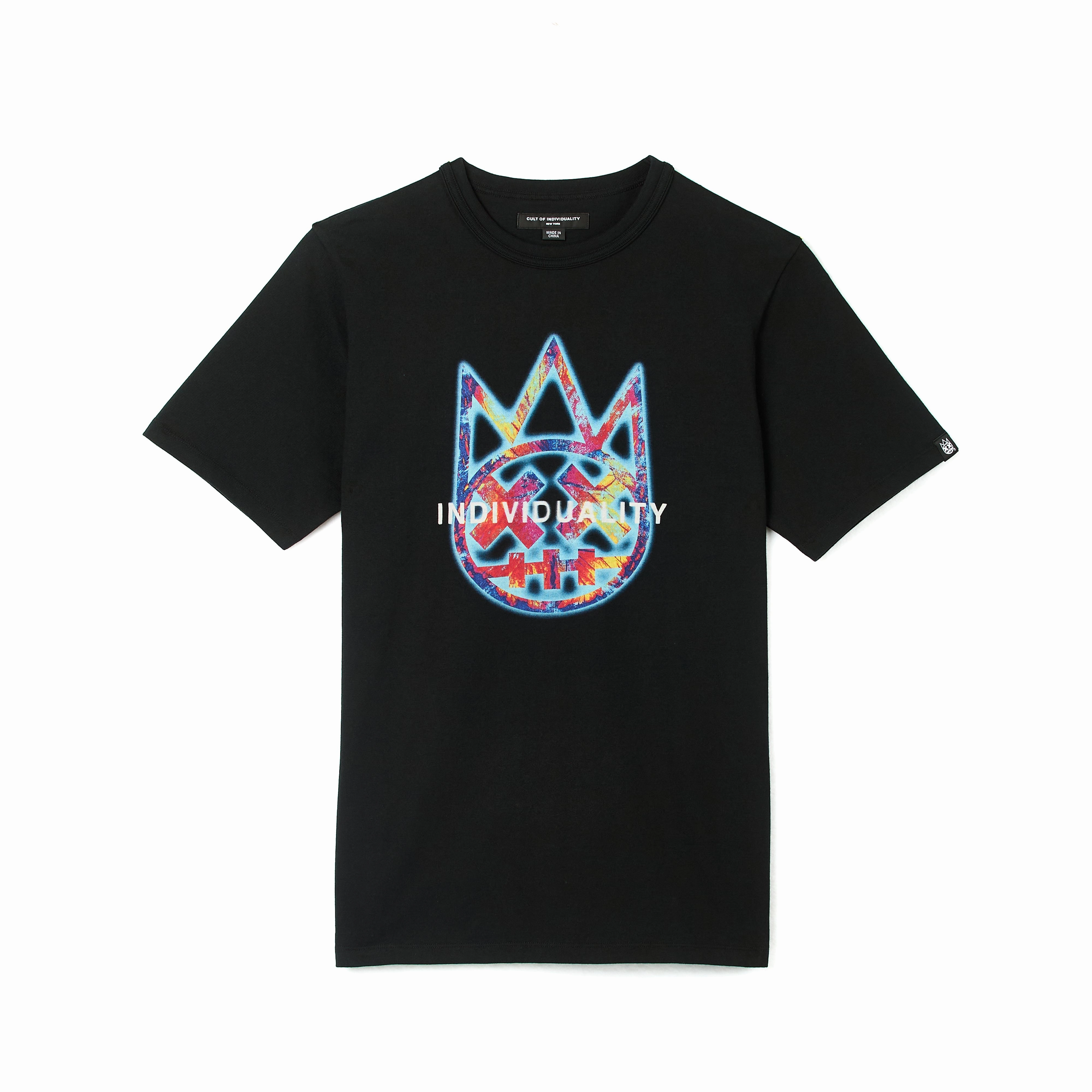 Cult's Short Sleeve Crew Neck Tee "Tye Dye Shimuchan Logo" in Pirate Black Cool and casual