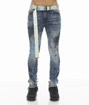 Work Meeting Unisex Wear Weekend Warrior Stone Wash Finish PUNK SUPER SKINNY STRETCH w/BABY BLUE BELT IN ABSTRACT