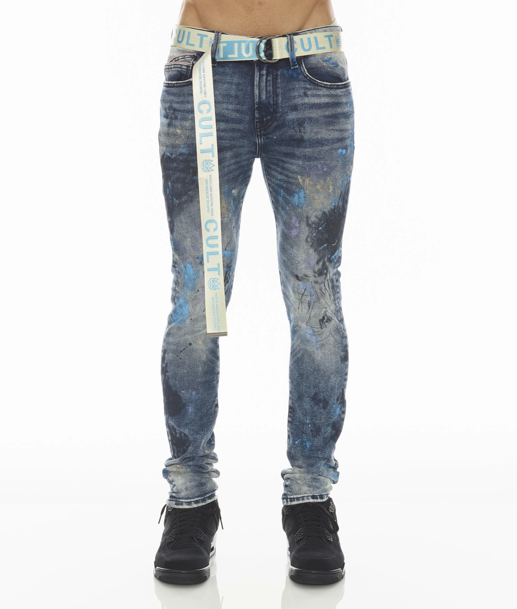 Work Meeting Unisex Wear Weekend Warrior Stone Wash Finish PUNK SUPER SKINNY STRETCH w/BABY BLUE BELT IN ABSTRACT