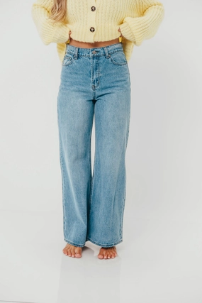 Aniston Woven Cotton Viscose Straight Leg Pants in Denim Minimalist Pocket Design