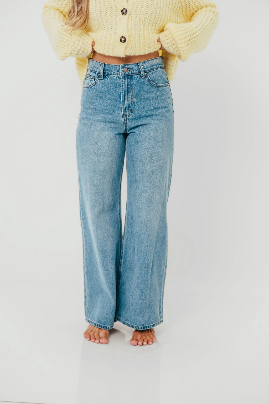 Aniston Woven Cotton Viscose Straight Leg Pants in Denim Minimalist Pocket Design