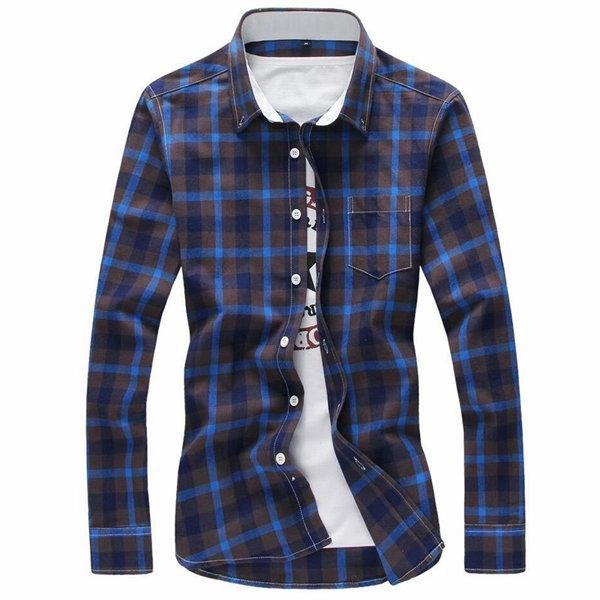 West Louis? Plaid Turn-down Collar Shirt Yoke Design Textured Finish