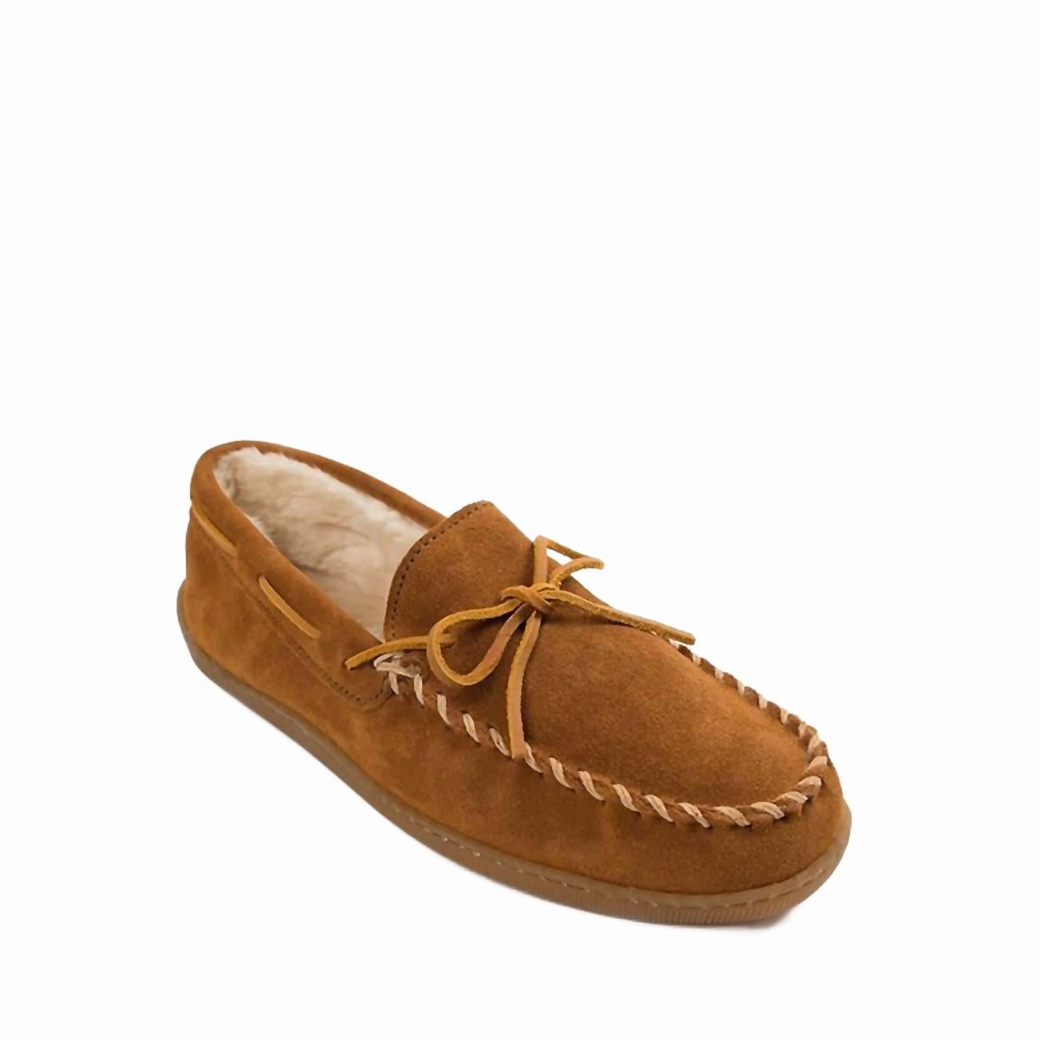 True Hold Men's Pile Lined Hardsole Moccasin Shoes - Wide In Brown Suede