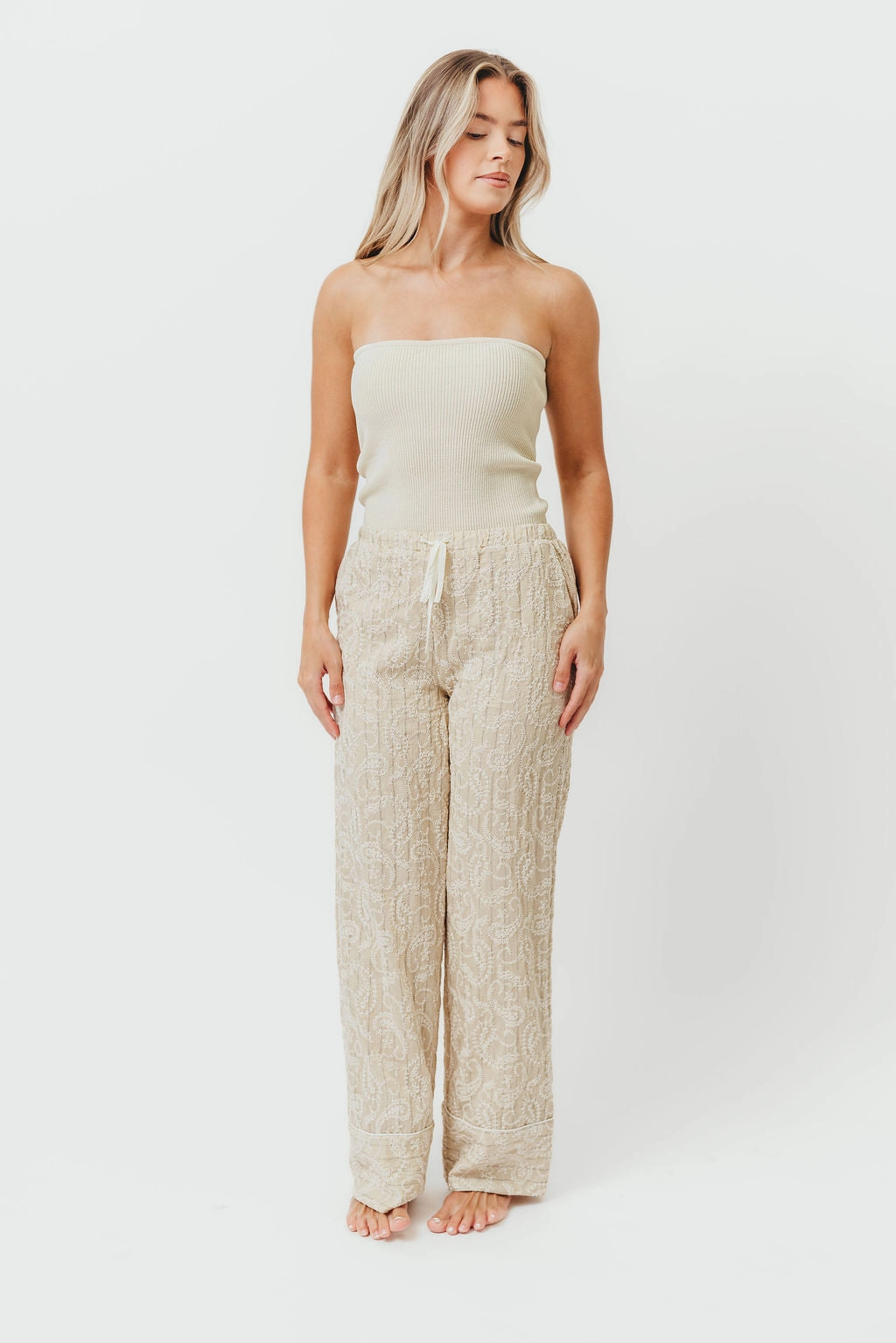 Versatile Comfort Jezebel Embroidered Paisley Pants in Natural *Final-Sale*