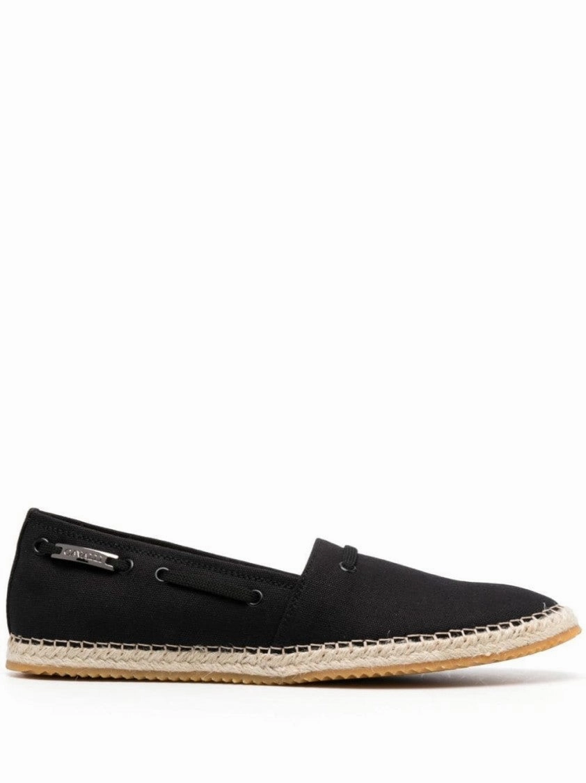 Sleek Black Loafers With Woven Jute Sole Neutral Tones