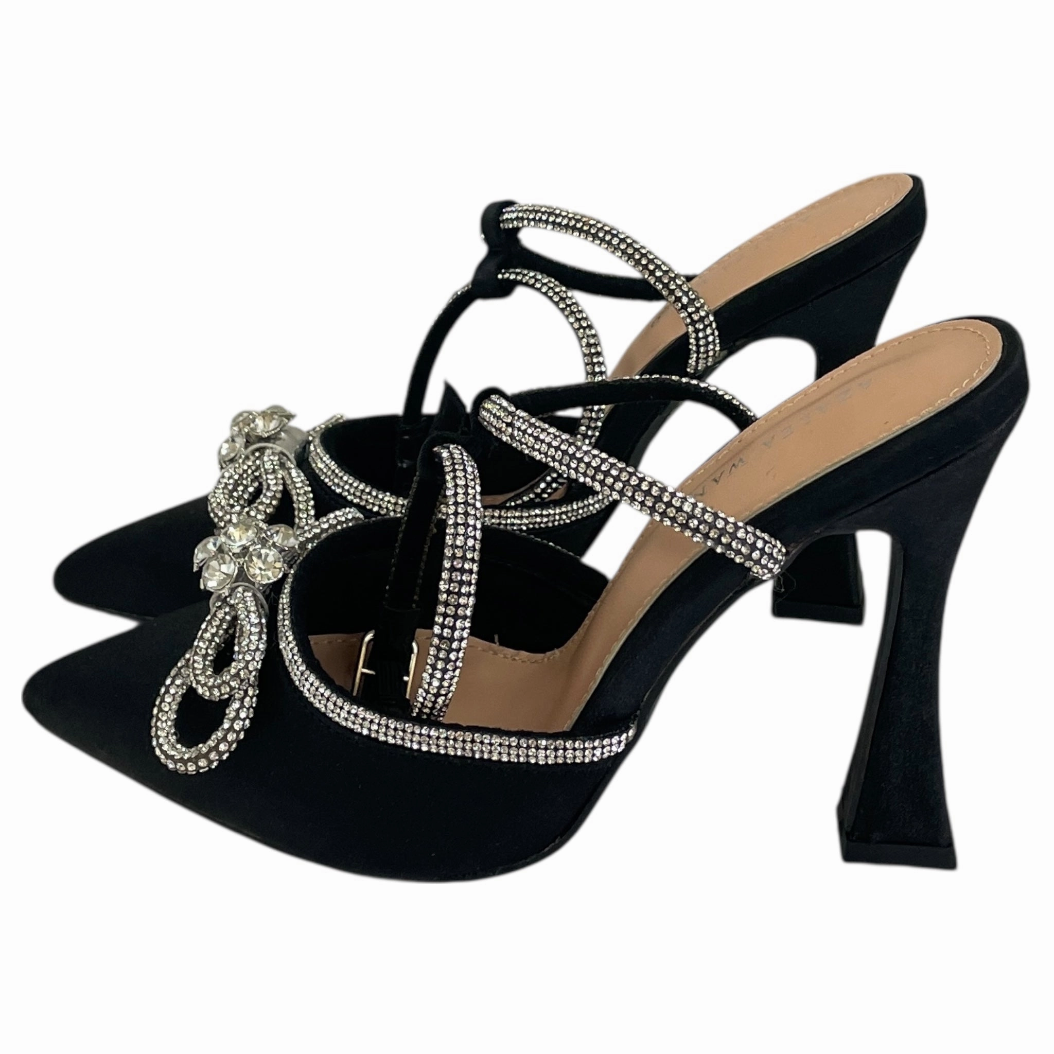 Satin Pumps soft look Shoes Heels Stiletto By Azalea Wang In Black & Silver, Size:6