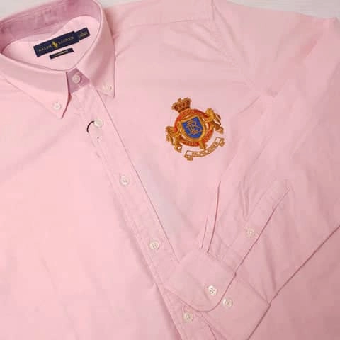 PRL Oxford Pink Logo Crest Cotton Long Sleeve Shirt Ultra Soft Interior Wardrobe Staple