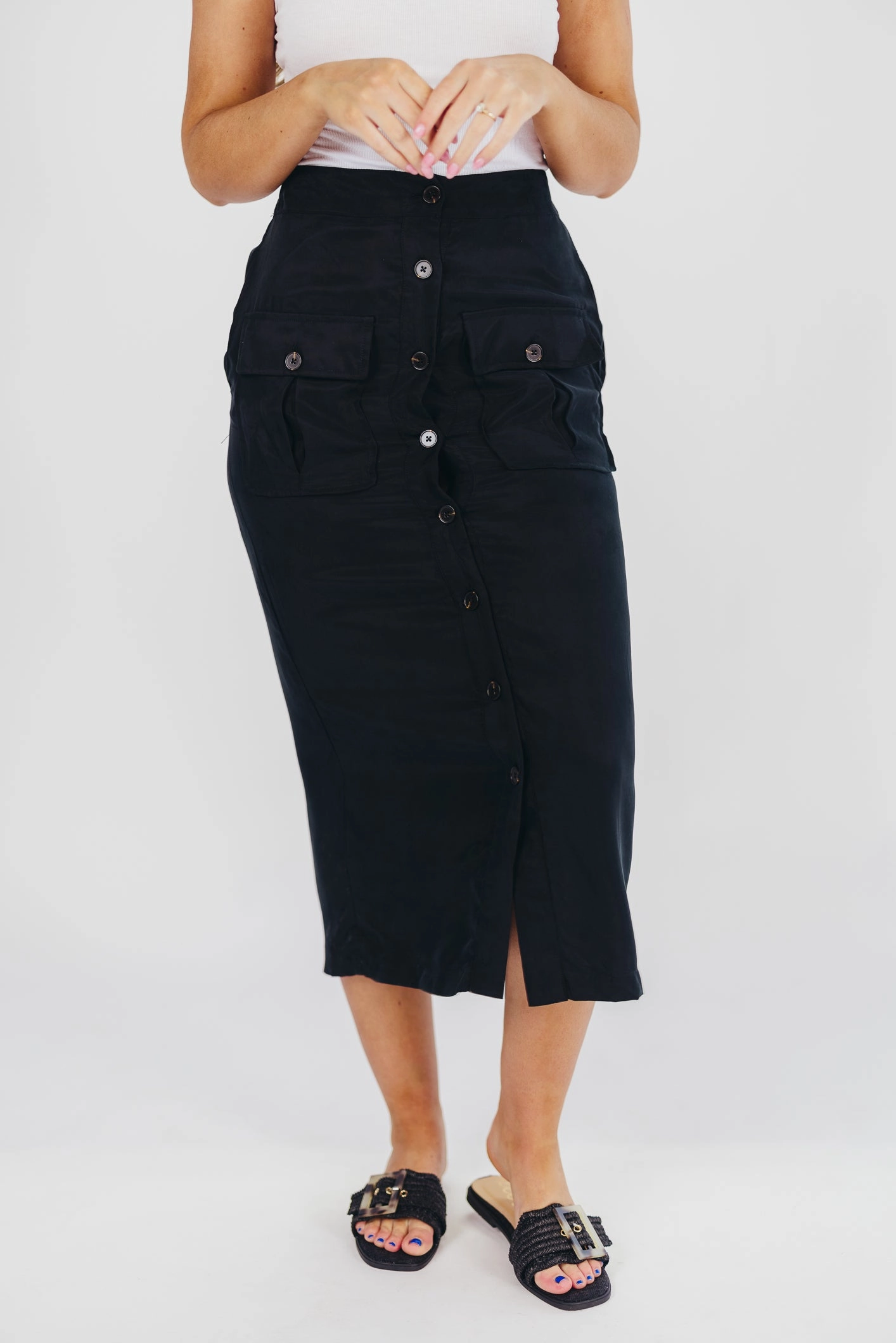 Fair trade One size fits most Better Days Button-Down Midi Cargo Skirt in Black *Final-Sale*