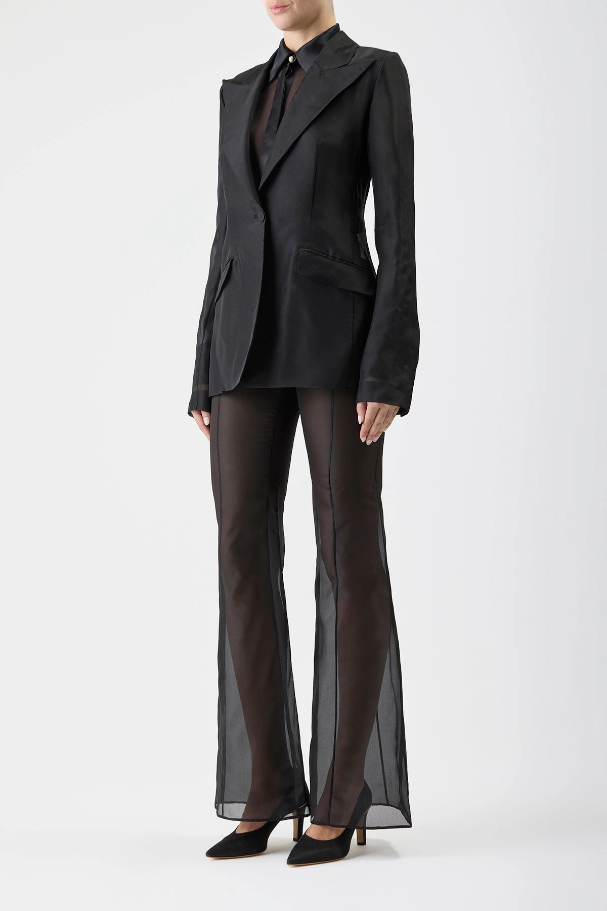 Contemporary Cut Chic Office Design Leiva Sheer Blazer in Black Silk Organza