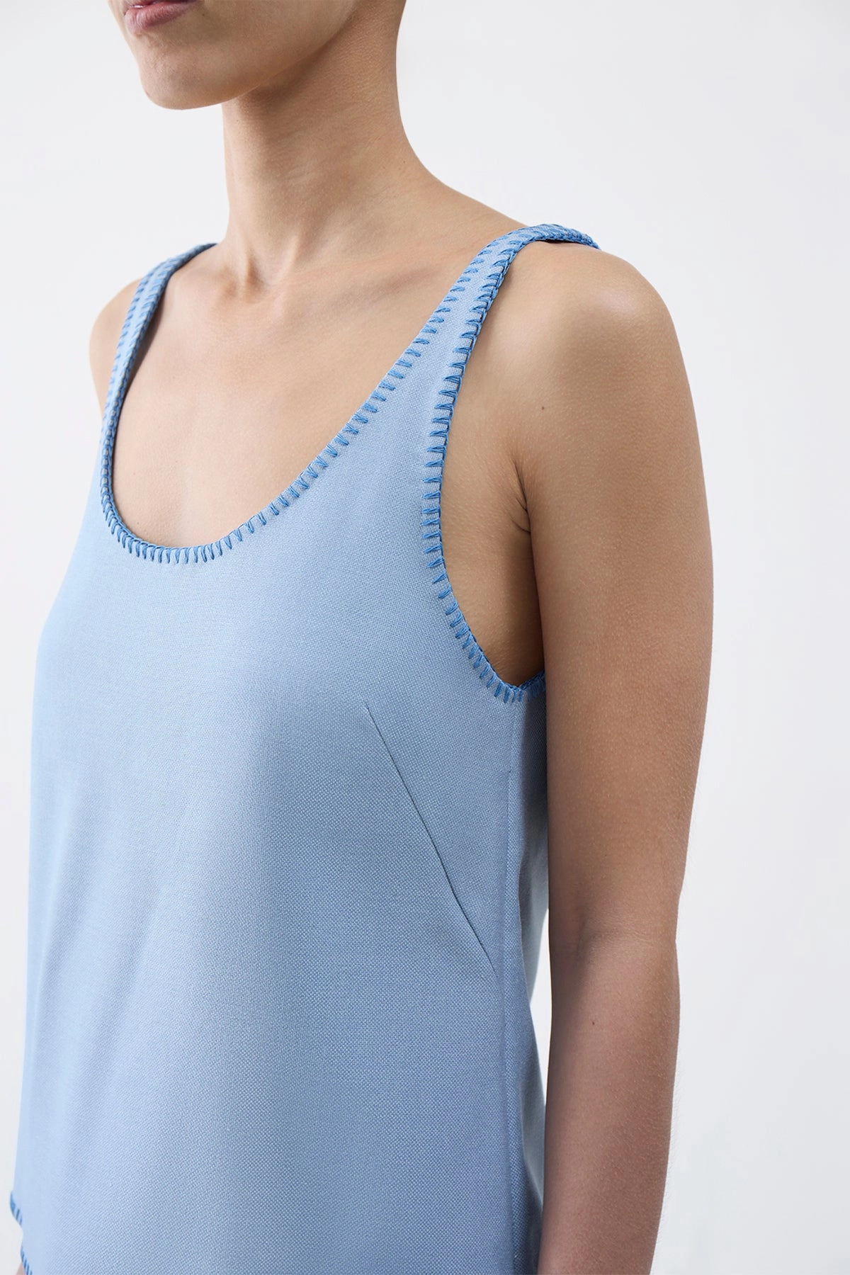 Muriel Tank Top in Stone Blue Silk Virgin Wool Versatile Design Business Precision
