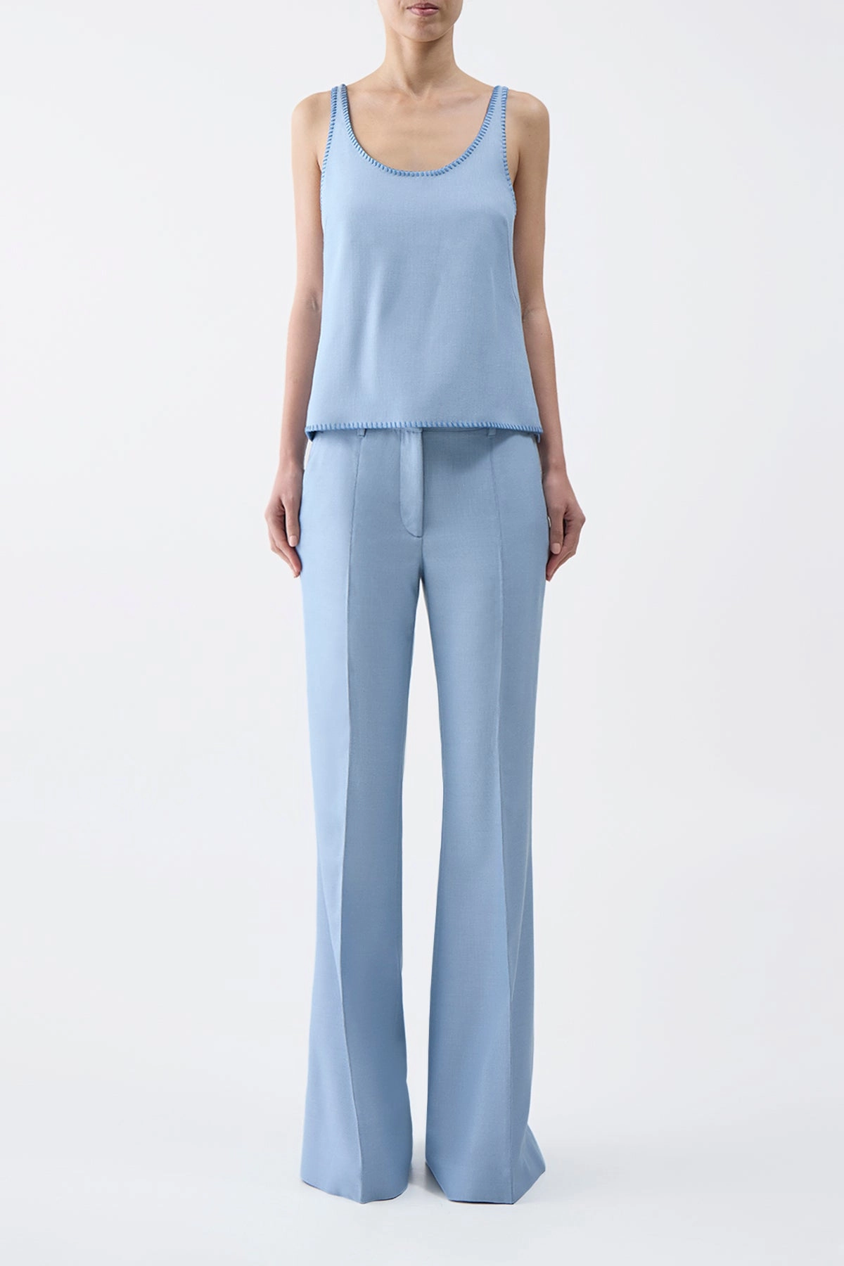 Chic Tailored Wear Muriel Tank Top in Stone Blue Silk Virgin Wool