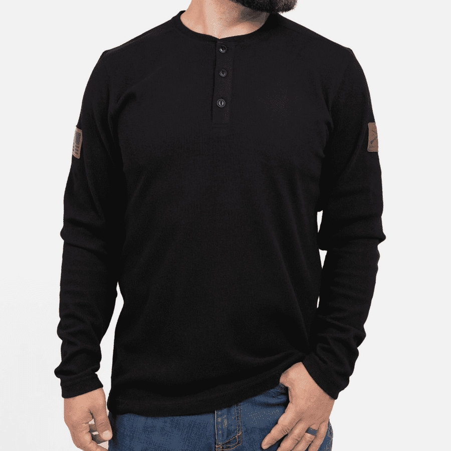 Relaxed Style Preppy Style Thermal Henley - Black