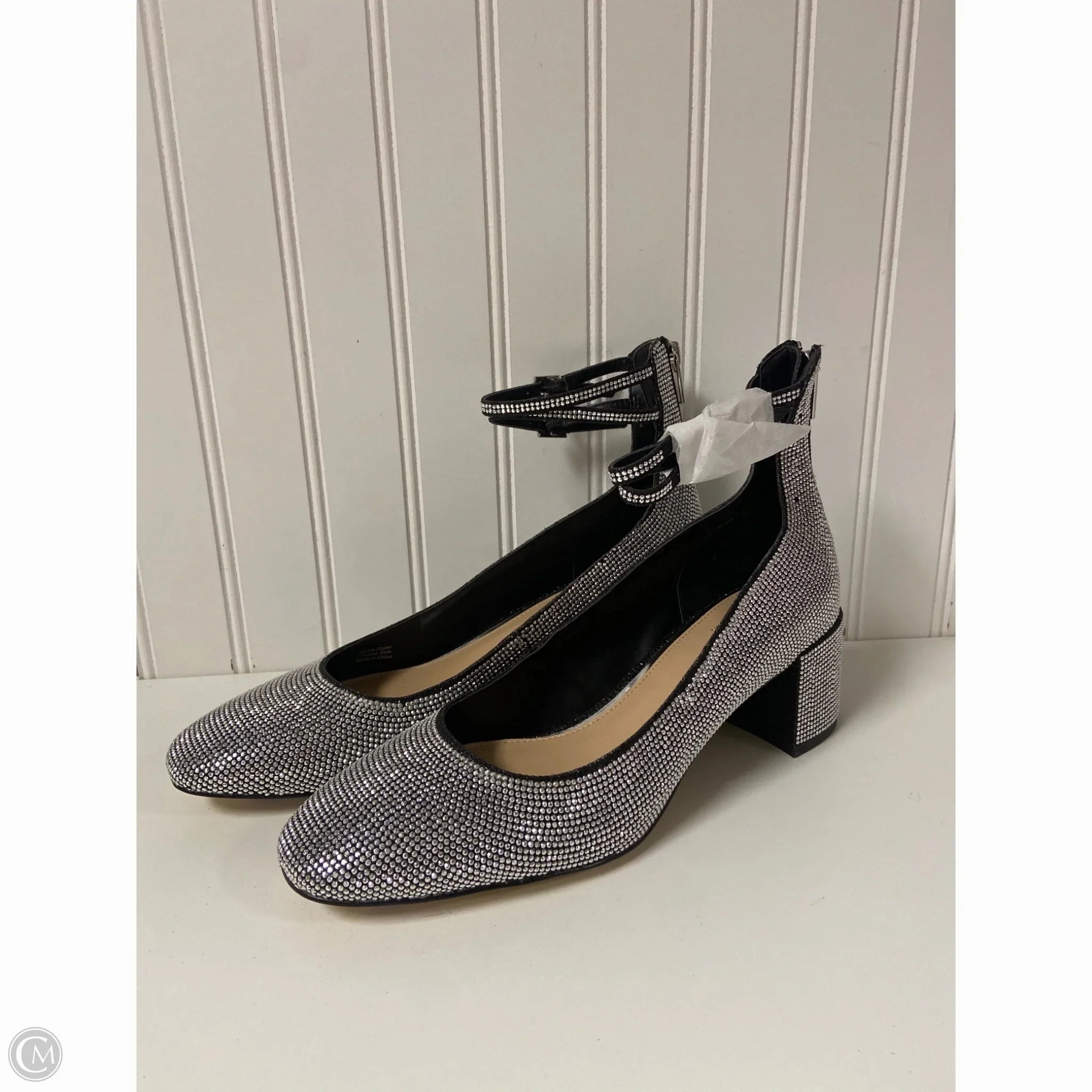 Fresh Detail Sharp Edge Shoes Heels Block By Badgley Mischka In Black & Silver, Size: 9