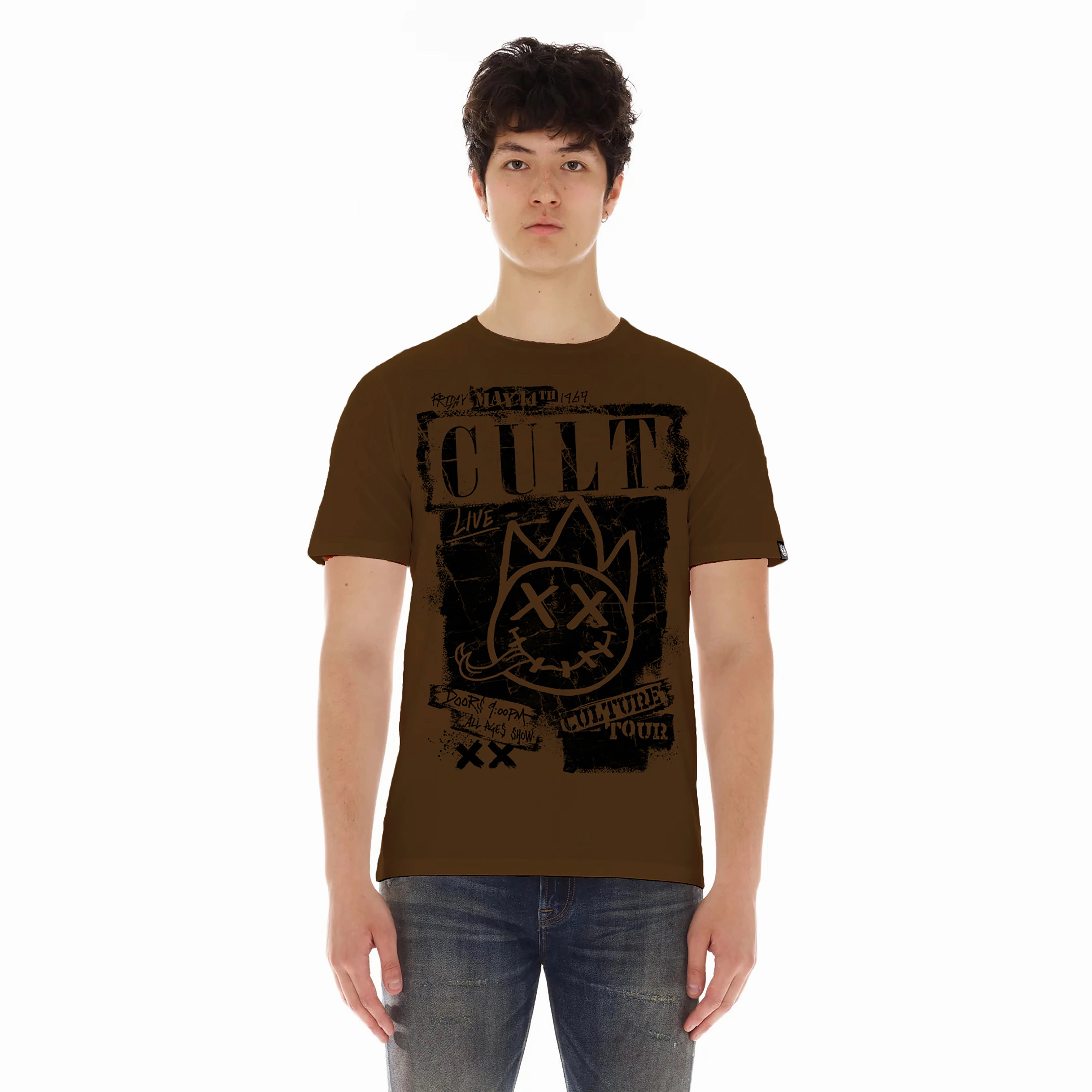 Cult's Short Sleeve Crew Neck Tee "Cult Tour" in Brown FunctionalPockets Formal Style