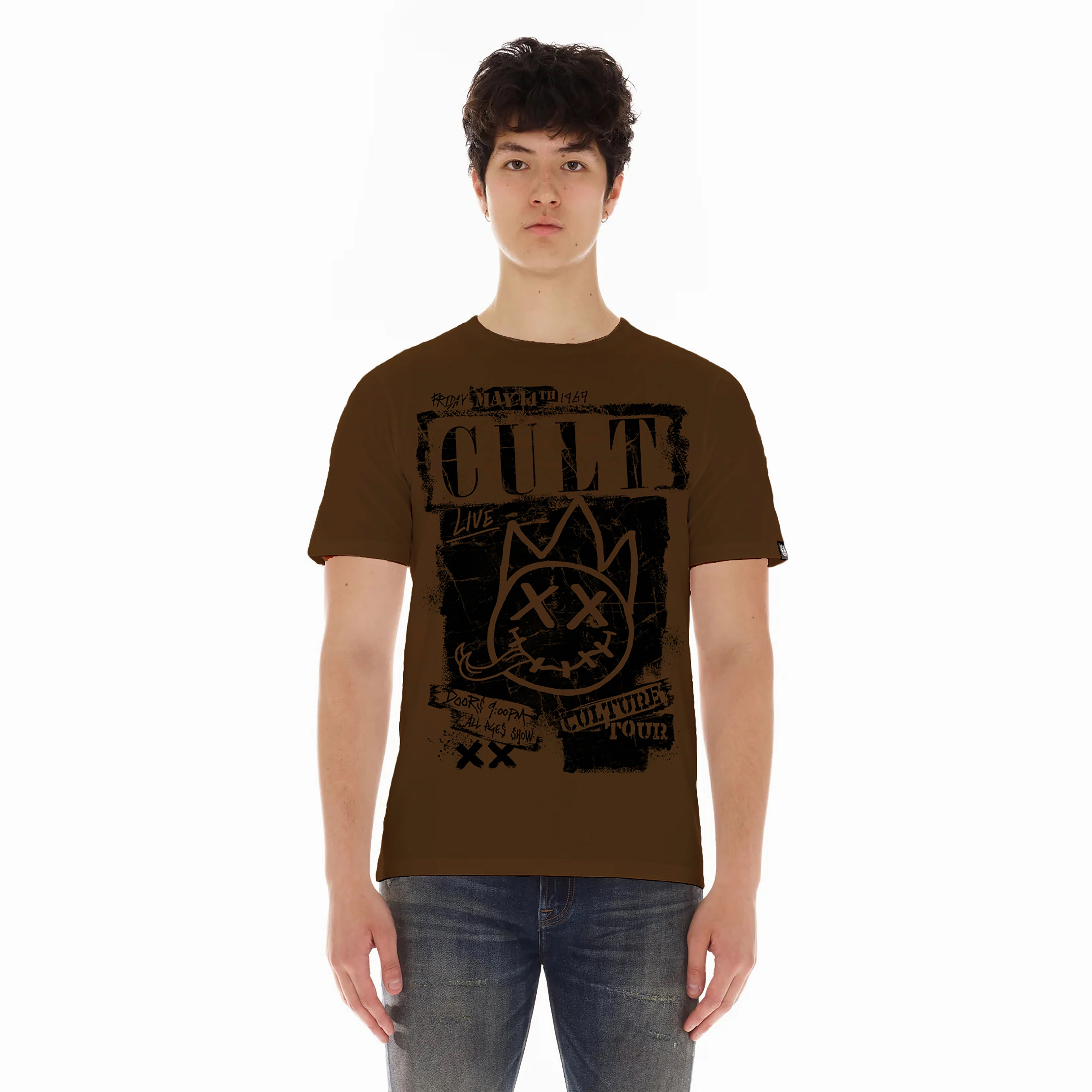 Cult's Short Sleeve Crew Neck Tee "Cult Tour" in Brown Chill Mode Fit GarmentDyedTexture