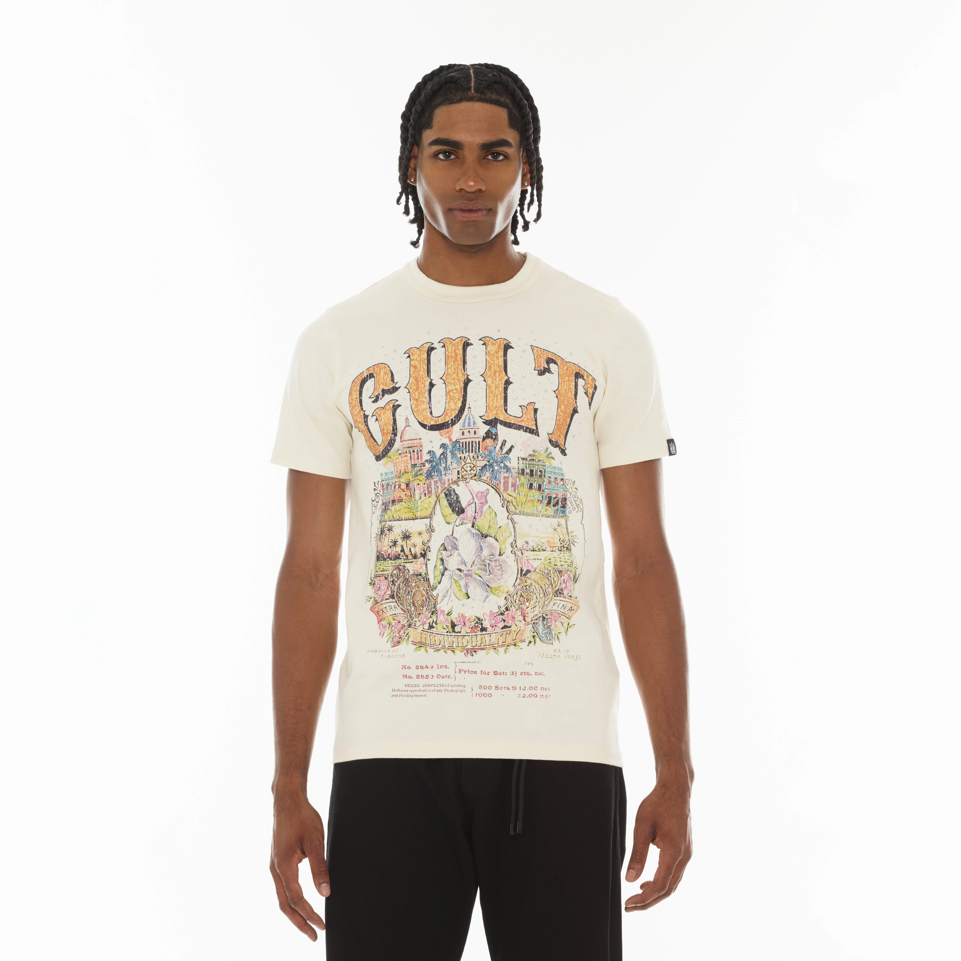 Cult's Crystallized Limited Edition Heavyweight Short Sleeve Crew Neck Tee "Cuba" in Winter White Sublimation Printed Collar