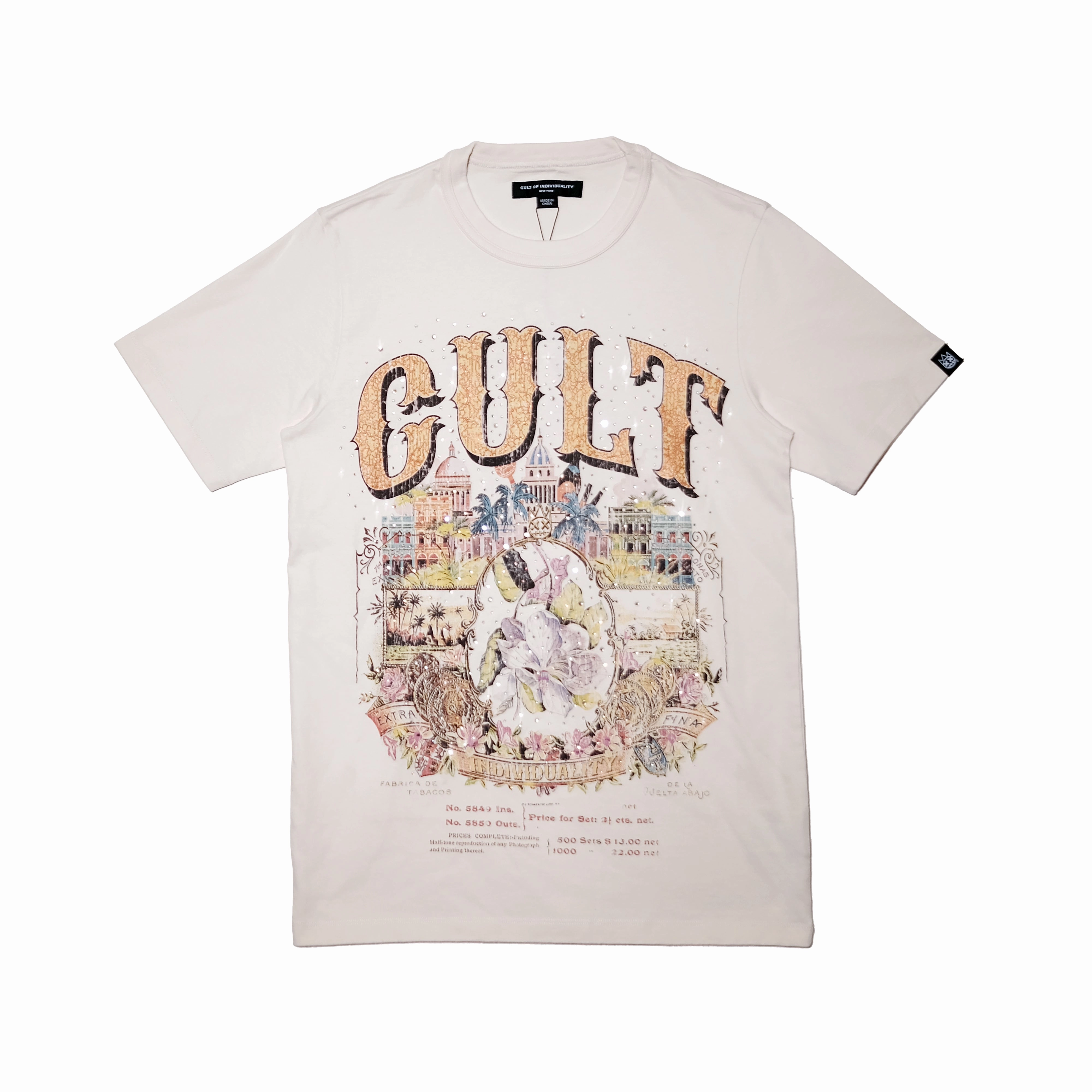 Wide Neck Opening Cult's Crystallized Limited Edition Heavyweight Short Sleeve Crew Neck Tee "Cuba" in Winter White