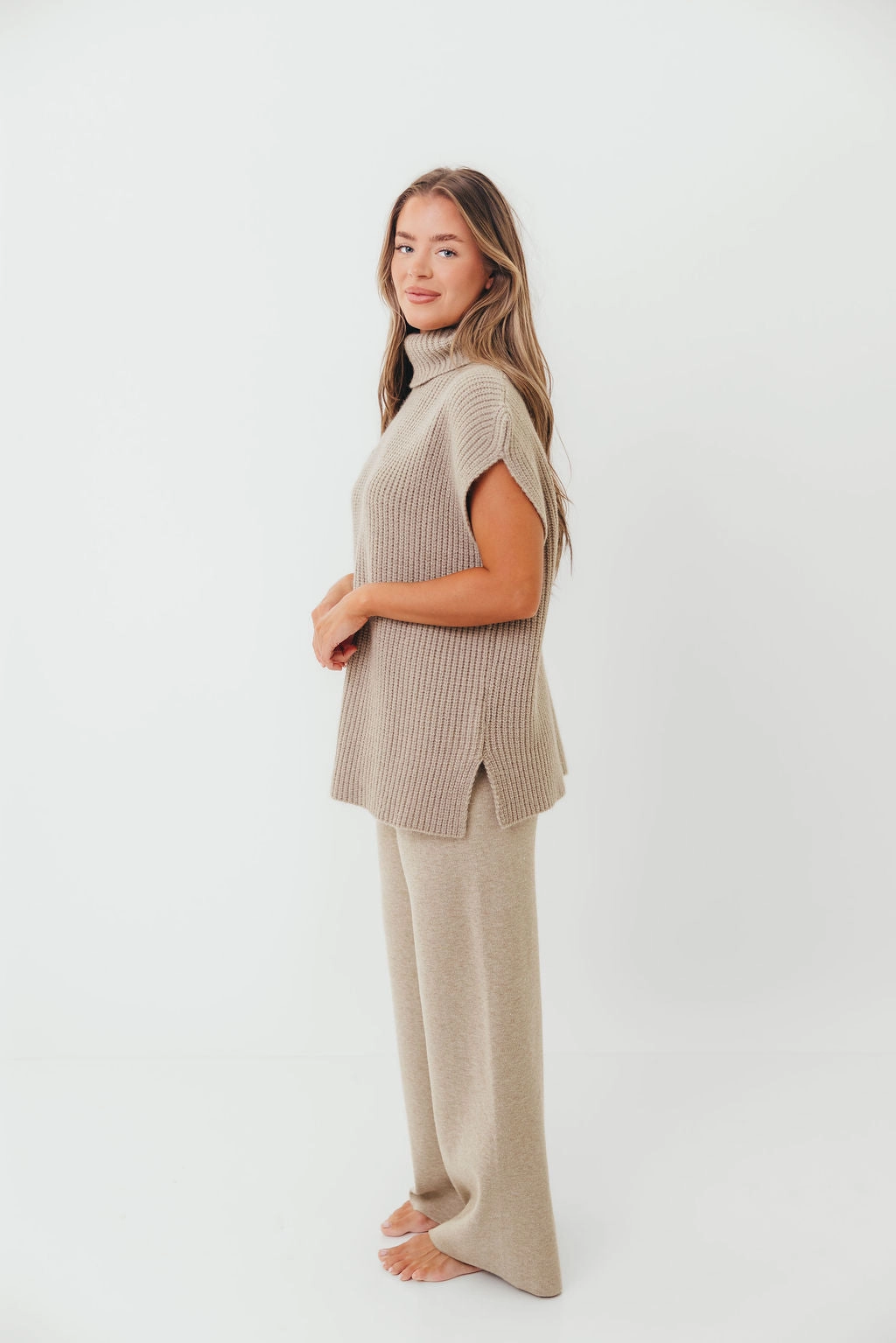 Hilaria Turtle Neck Sweater Top and Pants Set in Stone All Fit