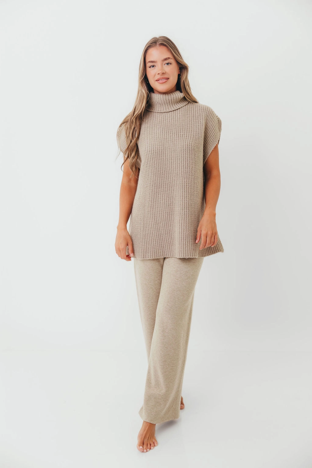 Hilaria Turtle Neck Sweater Top and Pants Set in Stone Performance Layer Luxe Look