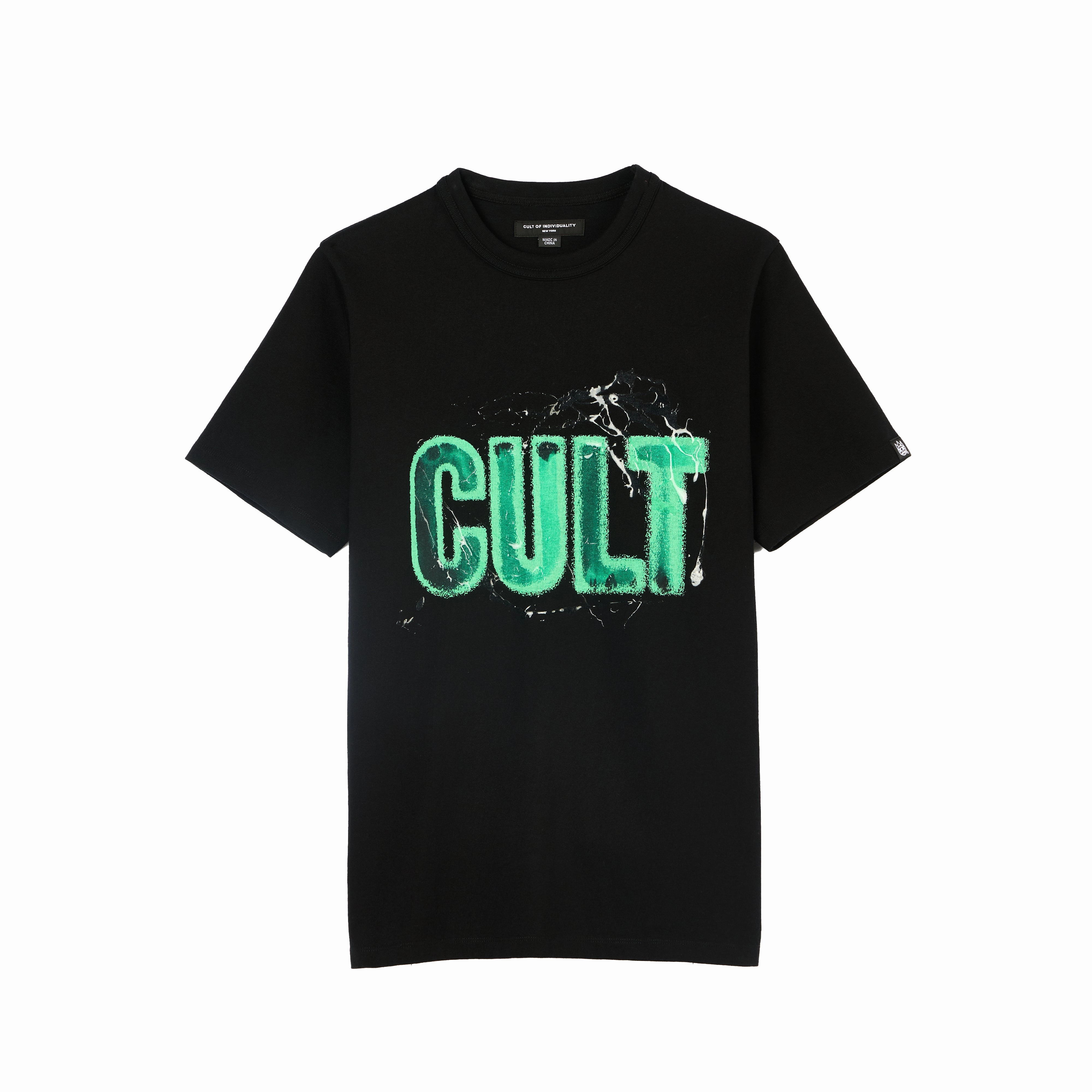 Active Fit Sport Performance Cult's Heavyweight Short Sleeve Crew Neck Tee "Glow In The Dark Logo" in Black