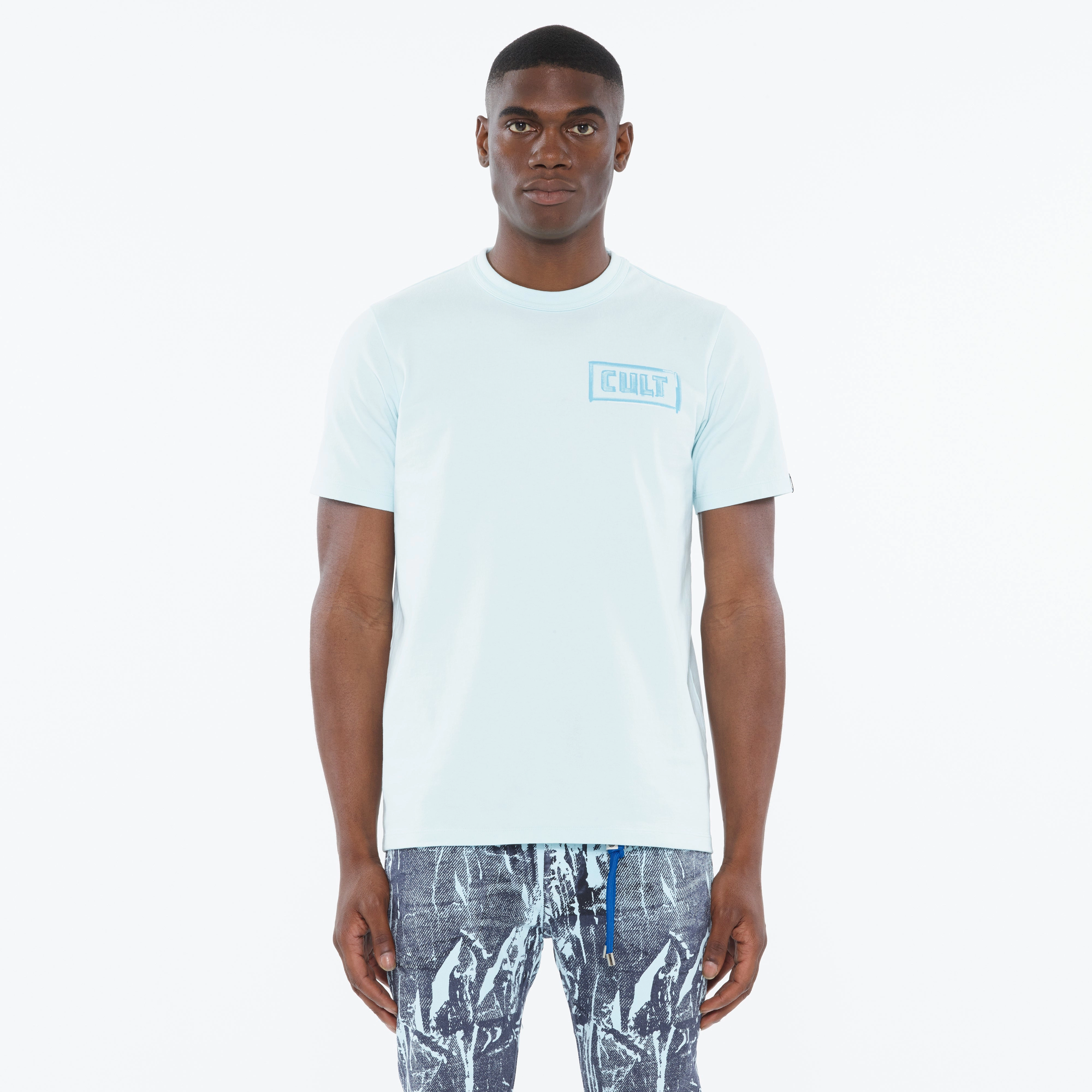 Cult's Heavyweight Short Sleeve Crew Neck Tee "Stroke" in Powder Blue Classic Crew Neck Cozy Look Wear