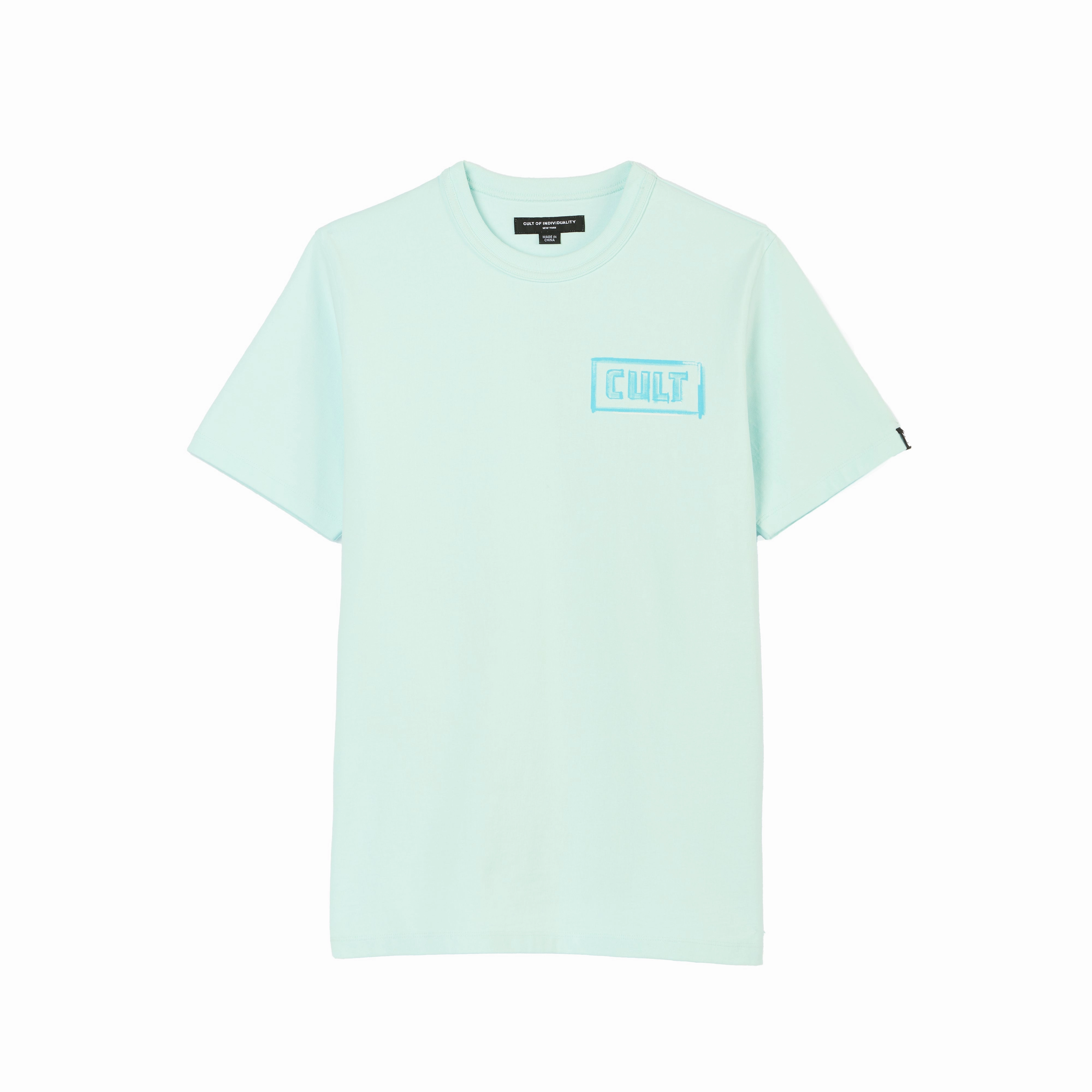 Cult's Heavyweight Short Sleeve Crew Neck Tee "Stroke" in Powder Blue Embroidered Details Matte Look