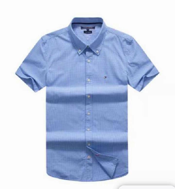 Tommy Hilfiger Short Sleeve with an all-over check pattern sky blue Shirt Tagless Design