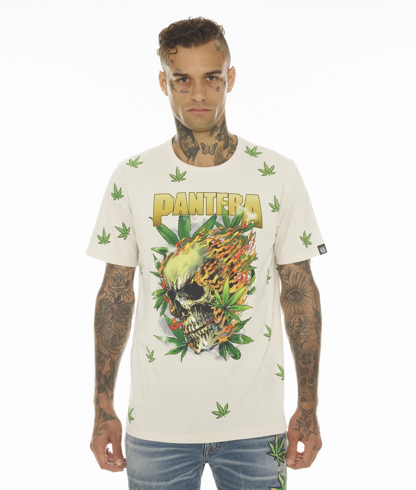 T-SHIRT SHORT SLEEVE CREW NECK TEE "PANTERA 420" IN CREAM Unisex Breathable Waistband