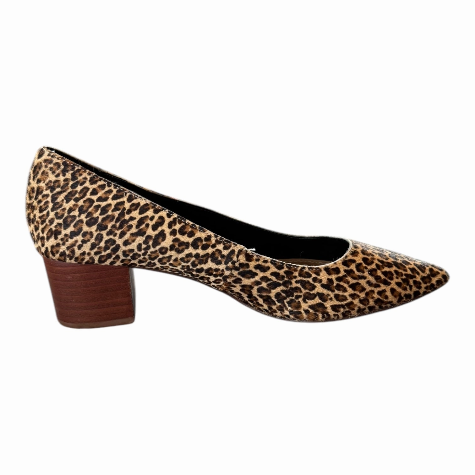 soft elegance Peep Toe Leather Pumps Shoes Heels Block By Crown Vintage In Animal Print, Size: 9