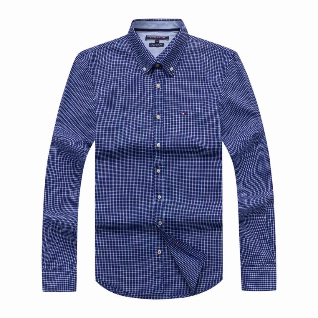 Odorless Binding Tape Workwear Casual Tommy Hilfiger long Sleeve  with an all-over check pattern blue Shirt