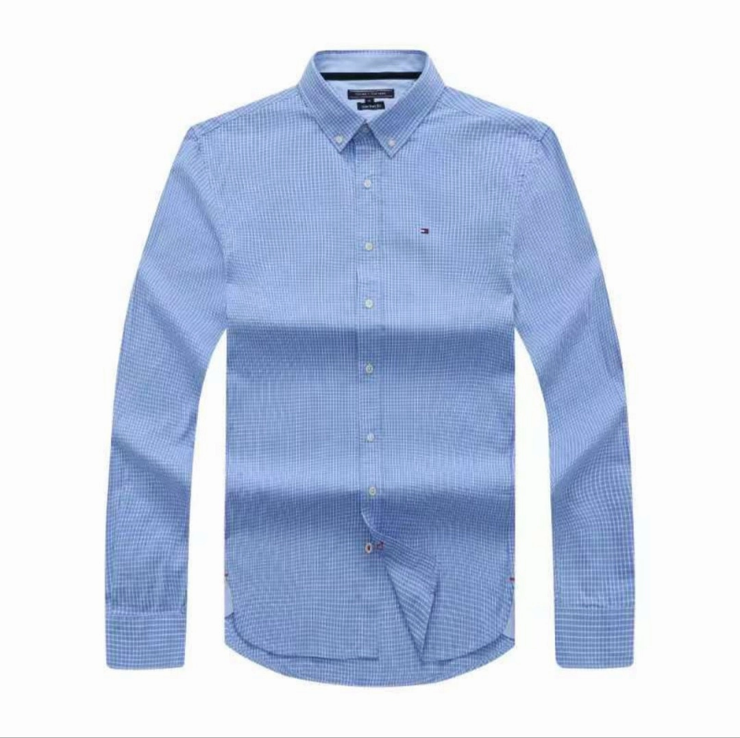 Tommy Hilfiger Long Sleeve with an all-over check pattern sky blue Shirt Fitted Design Reinforced Elasticity