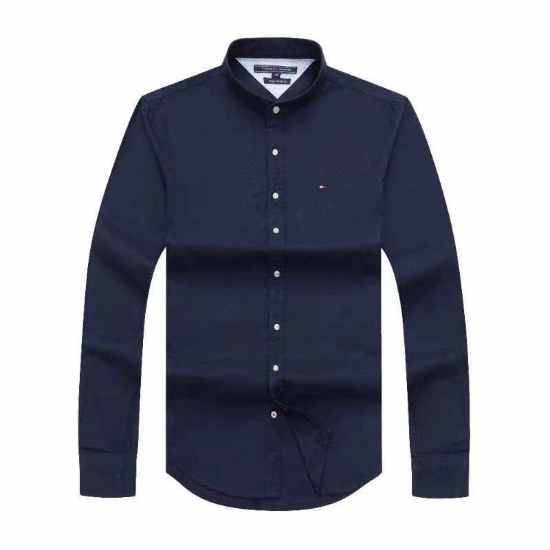 Picnic Outfit Stylish Comfort Tommy Hilfiger Men Navy Blue Summer Long Sleeve Shirt With Band Collar