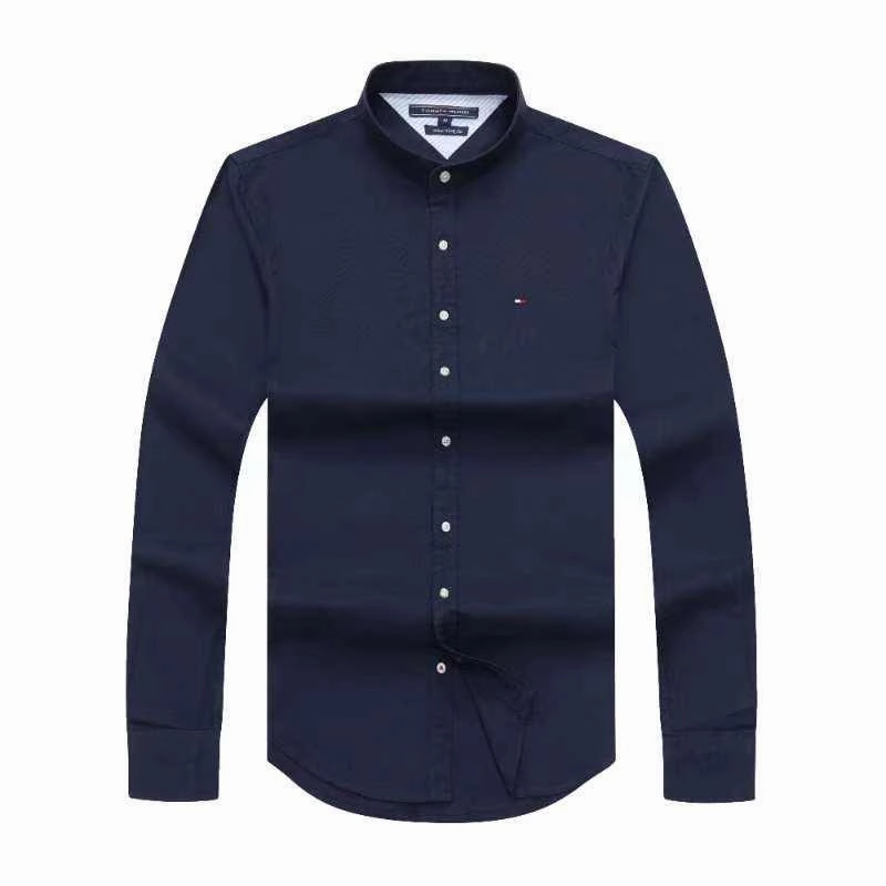Tommy Hilfiger Men Navy Blue Summer Long Sleeve Shirt With Band Collar Odor Control Fabric Timeless Style