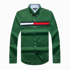 Tommy Hilfiger  Men's Green Long Sleeve Vintage Shirt Round Collar Formal Elegance