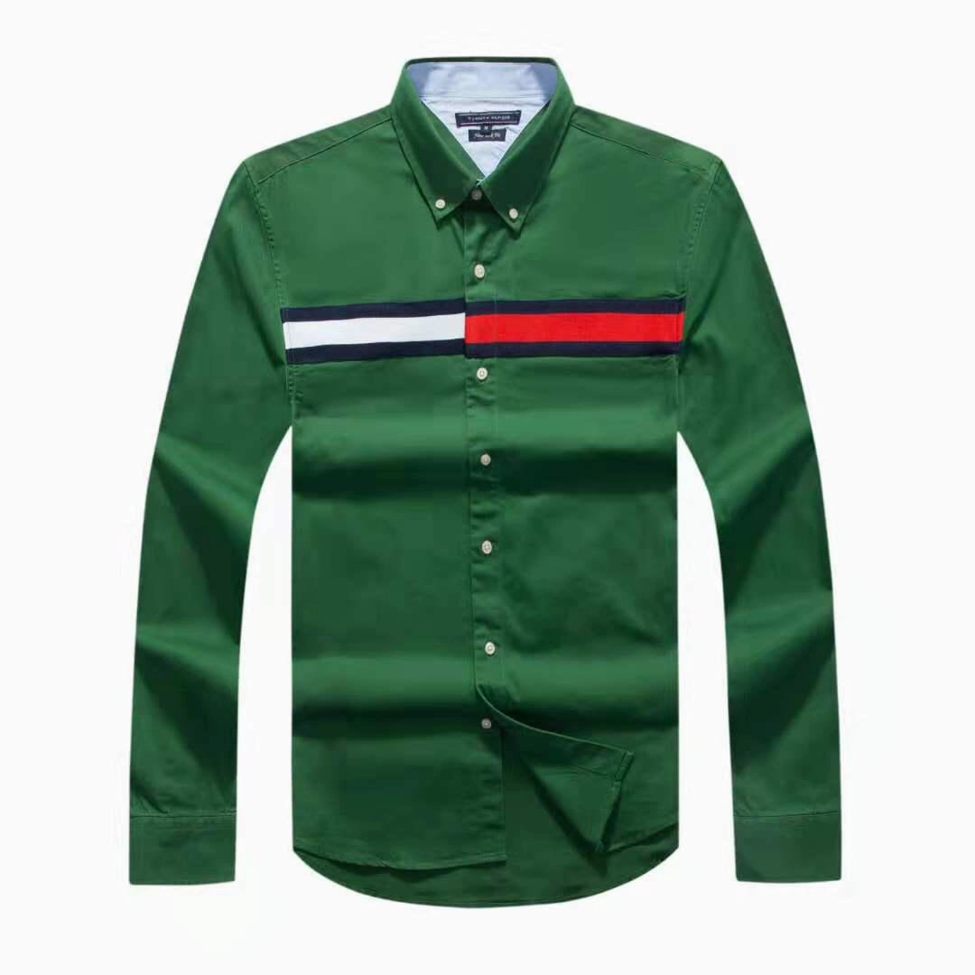 Tommy Hilfiger  Men's Green Long Sleeve Vintage Shirt Round Collar Formal Elegance