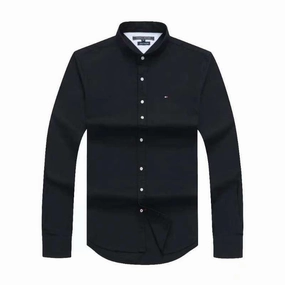 V-neck style Anti Cling Fabric Tommy Hilfiger Navy Black Summer Long Sleeve Shirt With Band Collar
