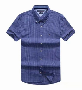 Breathable Cotton Tommy Hilfiger Short Sleeve with an all-over check pattern Blue Shirt