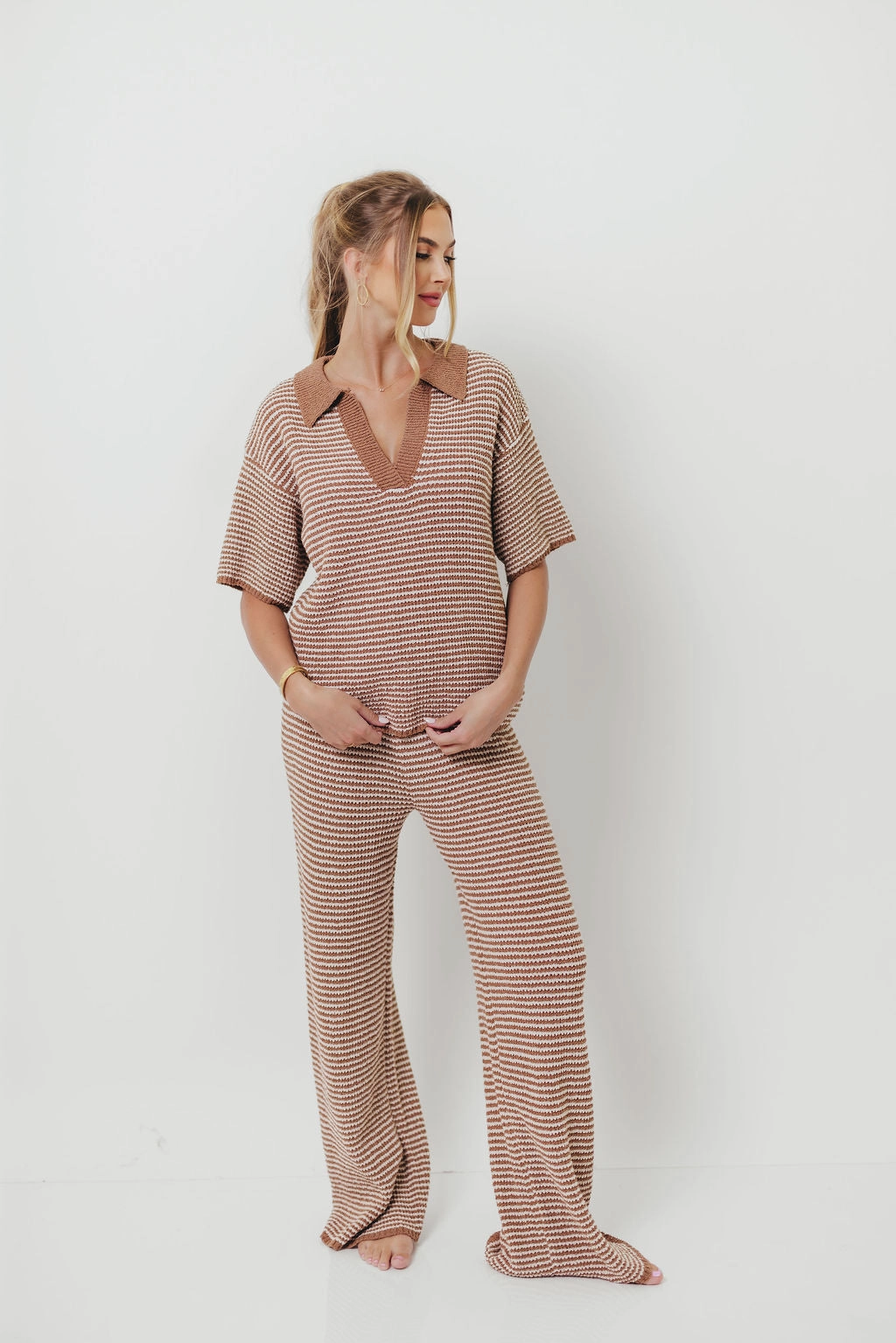 Comfortable Look Wear Torrance Short Sleeve Sweater Top and Pants Set in Mocha Cream