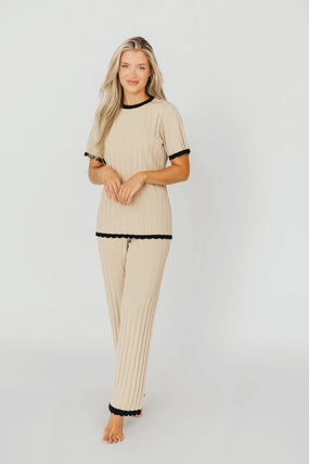 Adele Ribbed Knit Top and Pants Set in Light Taupe *Final-Sale* Breathable Microfiber SleevelessOption
