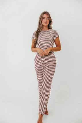 Find Your Soft Striped Flare Top and Pants Set in Cream Burgundy No Ride
