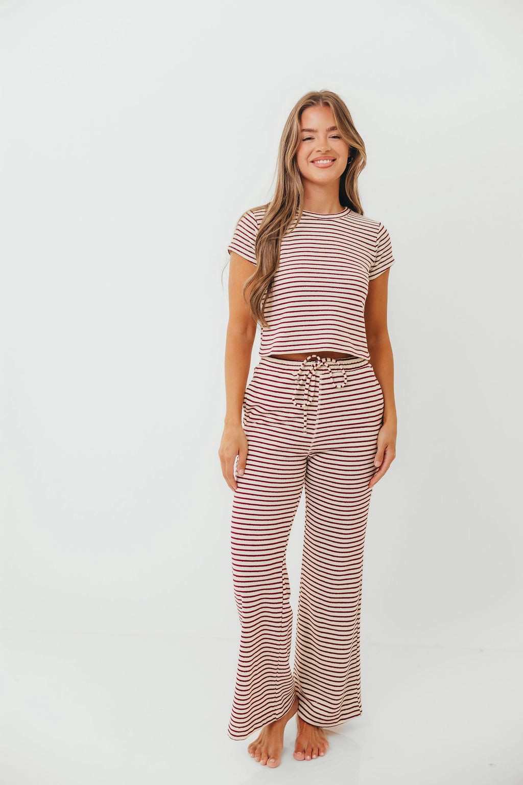 Find Your Soft Striped Flare Top and Pants Set in Cream Burgundy Walk Friendly