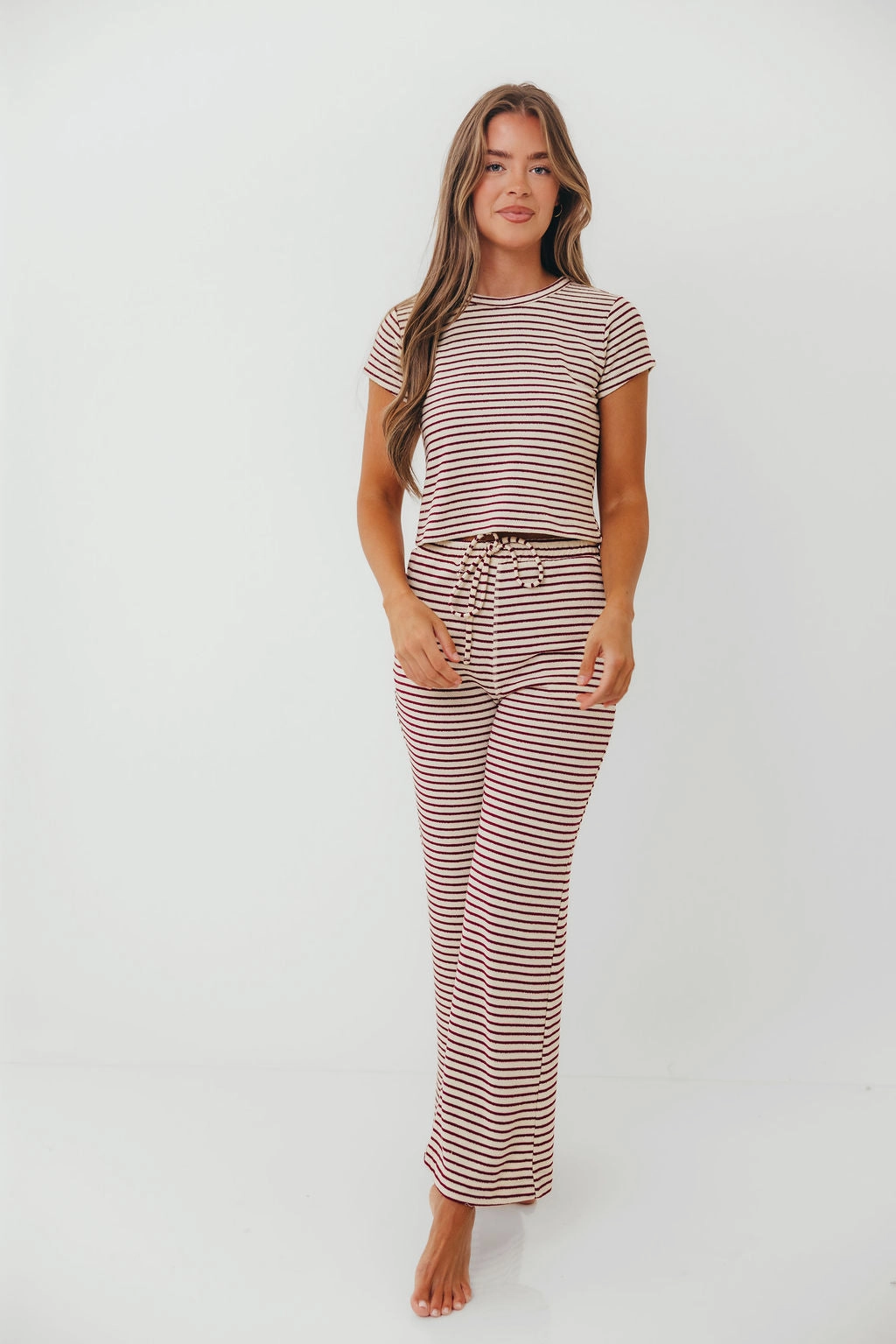 Stylish Waistband Find Your Soft Striped Flare Top and Pants Set in Cream Burgundy