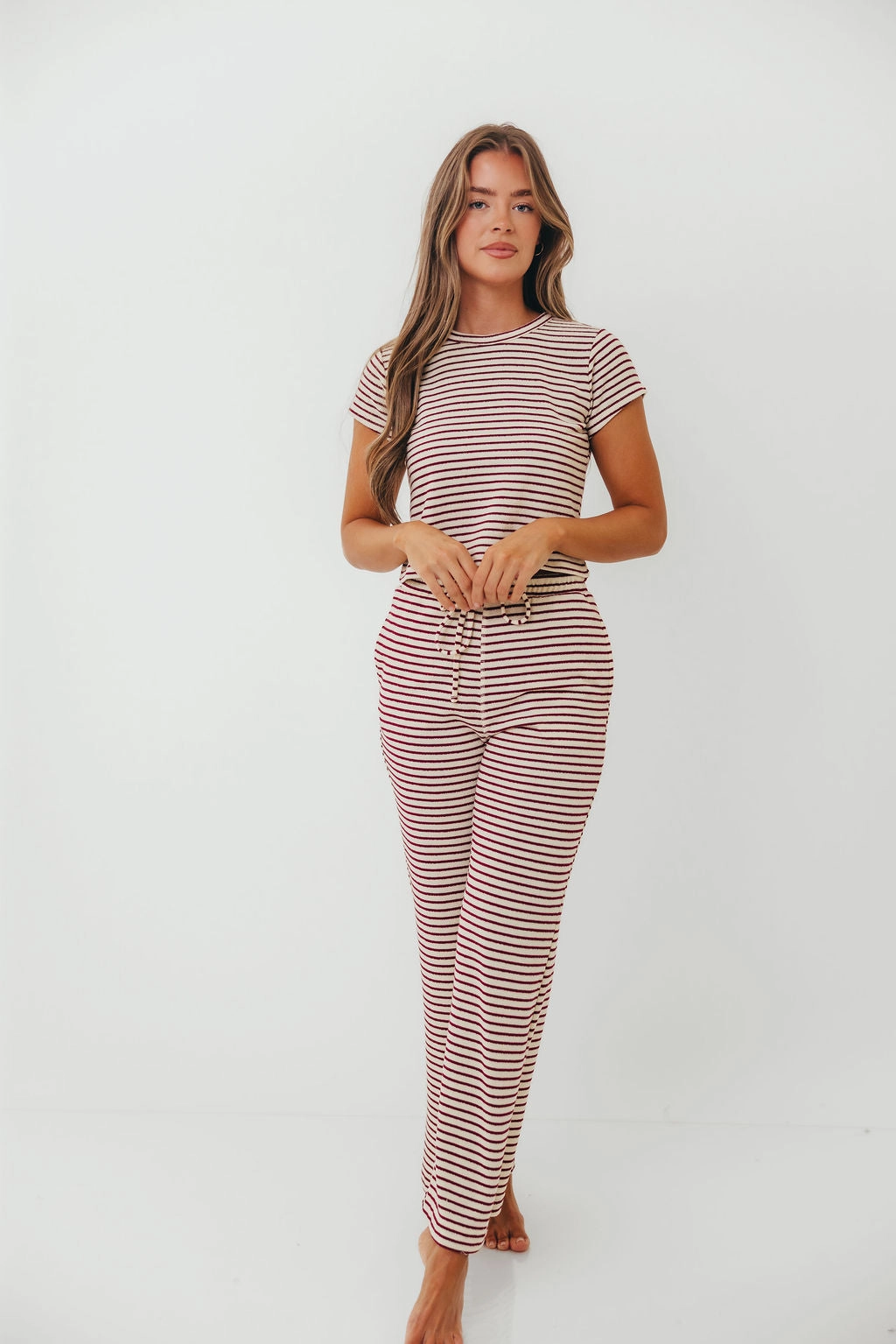 Find Your Soft Striped Flare Top and Pants Set in Cream Burgundy No Ride