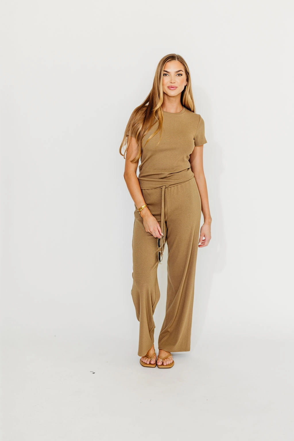 The Muse Knit Ribbed Short Sleeve Top & Pants Set in Mocha *Final-Sale* Fashionable Appeal Tapered leg