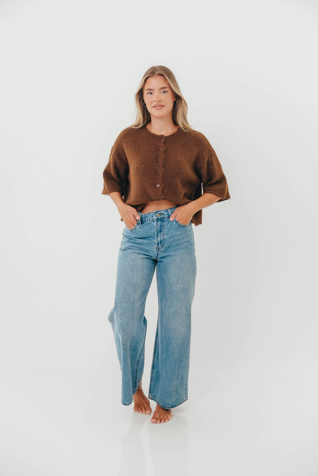 Chutney Button-Up Half Sleeve Knit Cardigan Top in Brown ConvertibleSleeves