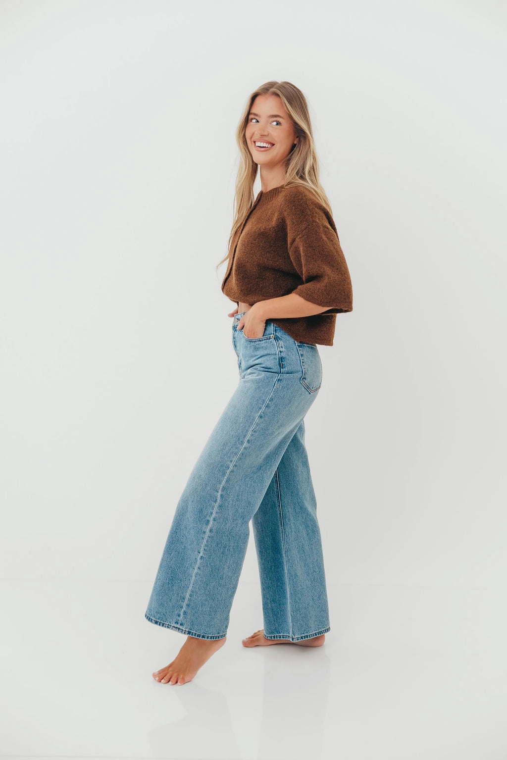 Ergonomic Cut Biodegradable material Chutney Button-Up Half Sleeve Knit Cardigan Top in Brown